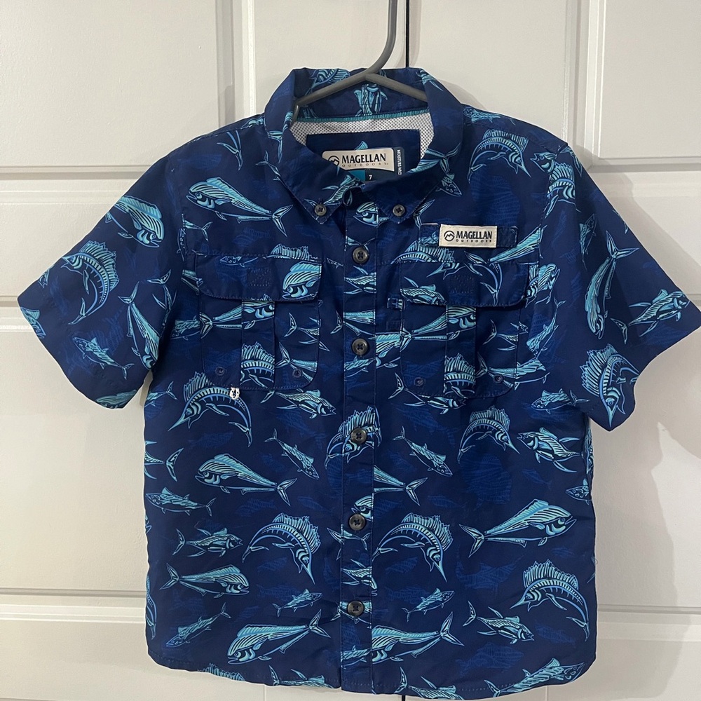 Magellan Outdoors Kids Ocean Blue Shark Button Down Shirt